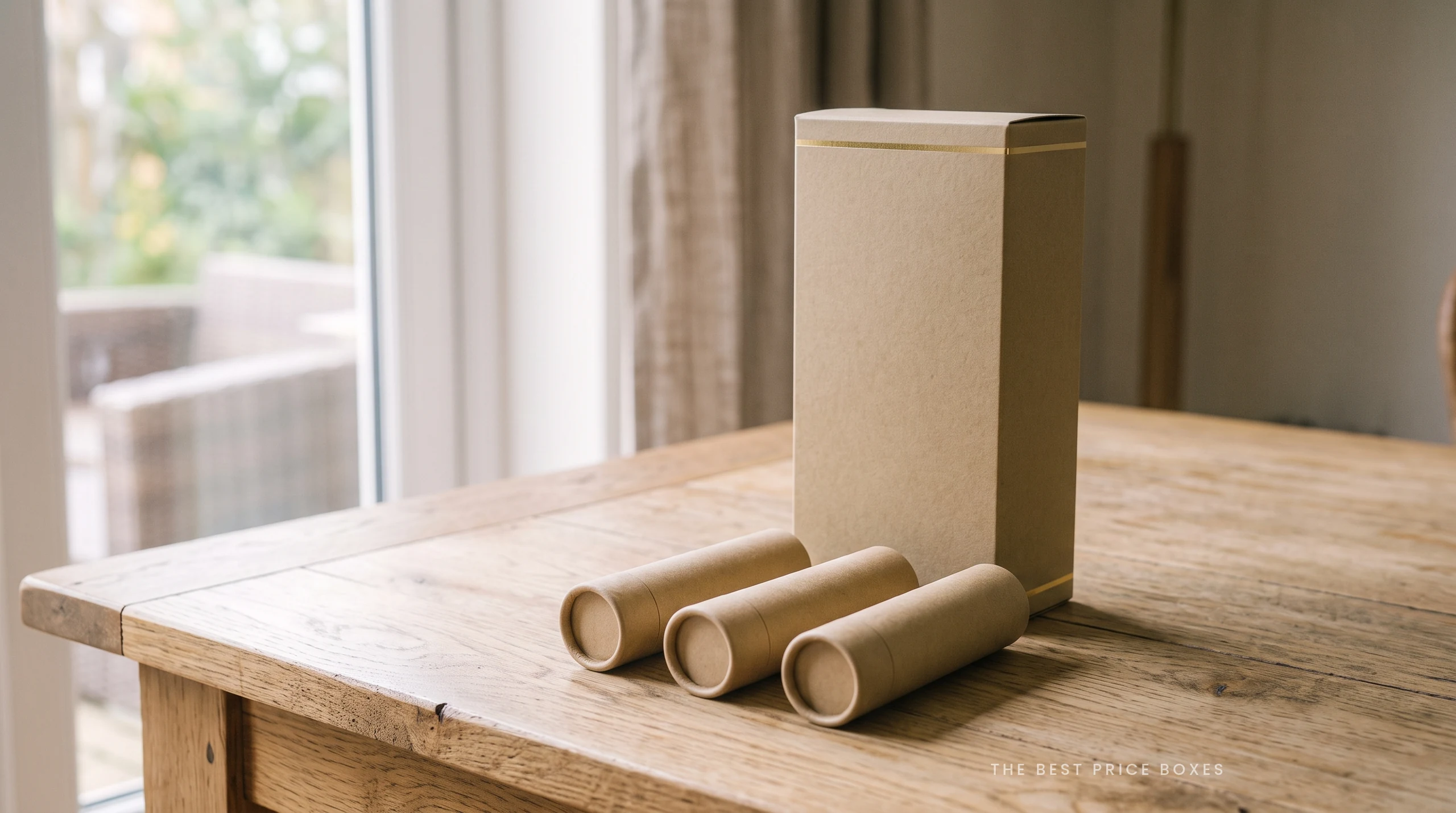 Custom pre roll packaging box in kraft with a gold foil line, standing behind three matching kraft tubes with push on caps.