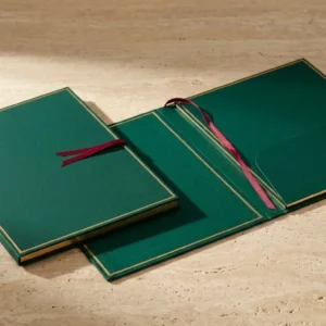Custom Presentation Folders, closed and open view in deep emerald green, bulk and wholesale with no minimum order