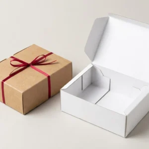 Custom Printed Ballot Packaging, closed and open view in natural kraft and white, bulk and wholesale with no minimum order