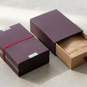 Custom Printed Cannabis Boxes, closed and open view in deep plum, bulk and wholesale with no minimum order