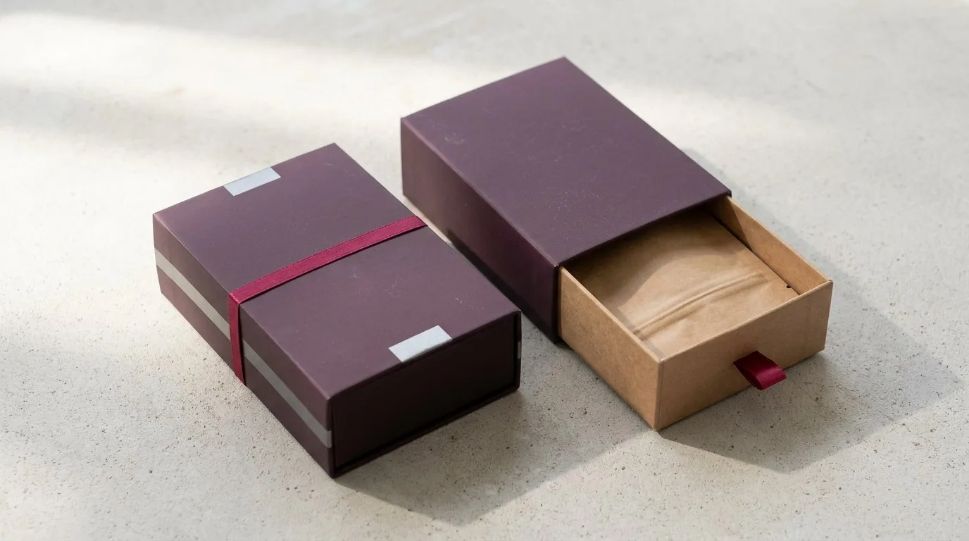 Custom Printed Cannabis Boxes, closed and open view in deep plum, bulk and wholesale with no minimum order