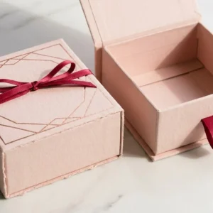 Custom Printed Cream Boxes, closed and open view in soft blush pink, bulk and wholesale with no minimum order