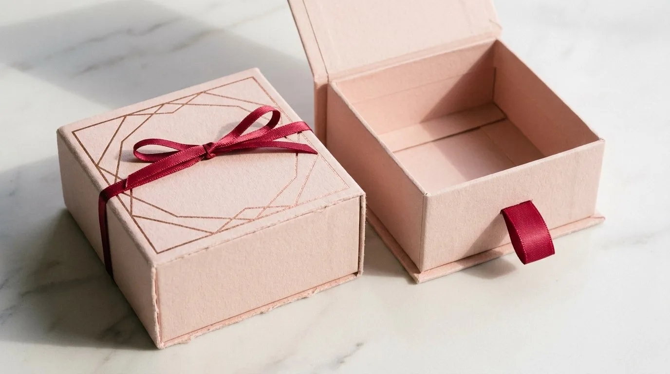 Custom Printed Cream Boxes, closed and open view in soft blush pink, bulk and wholesale with no minimum order