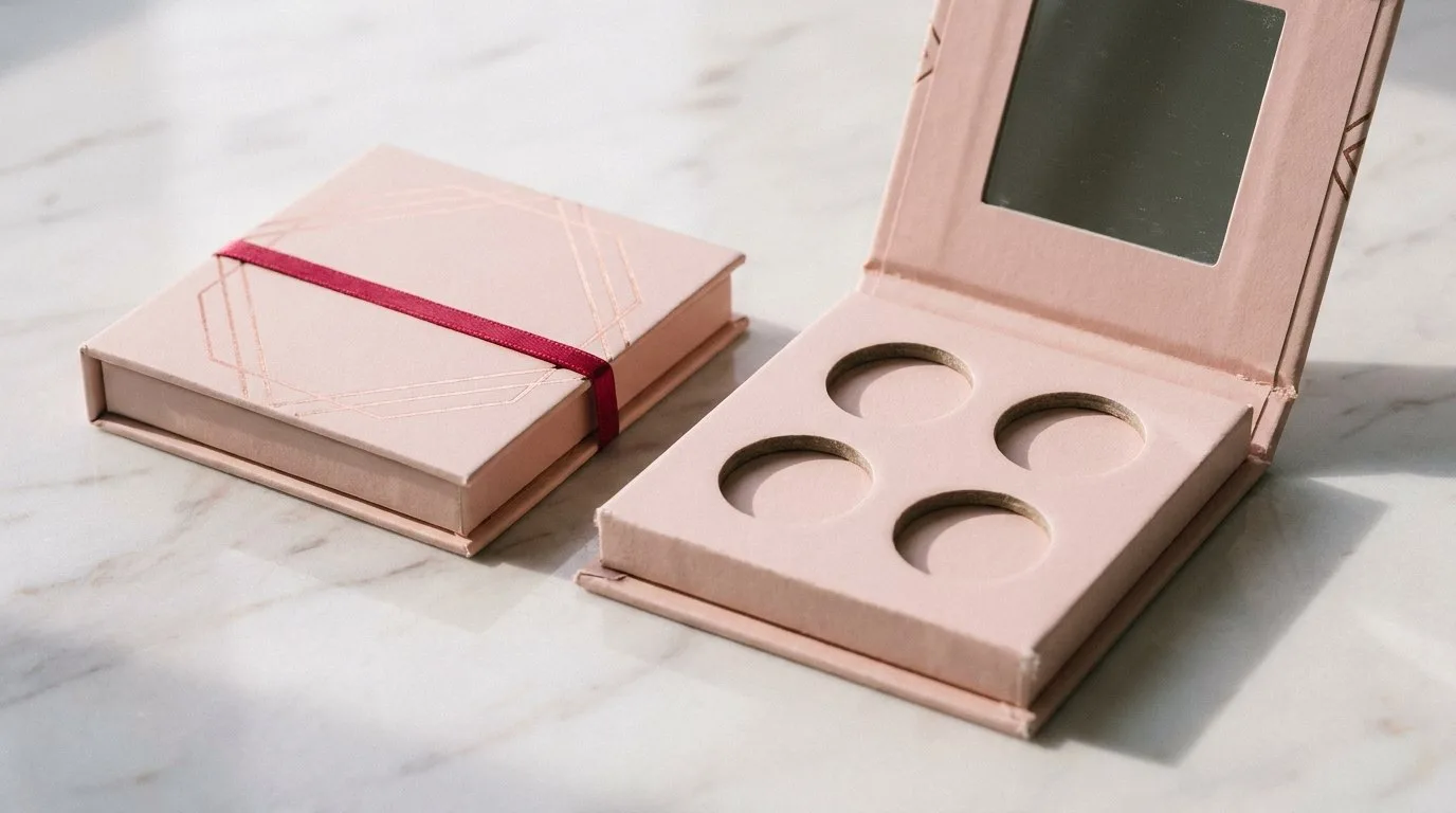 Custom Printed Eyeshadow Boxes, closed and open view in soft blush pink, bulk and wholesale with no minimum order