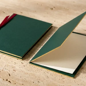 Custom Printed Greeting Cards, closed and open view in deep emerald green, bulk and wholesale with no minimum order