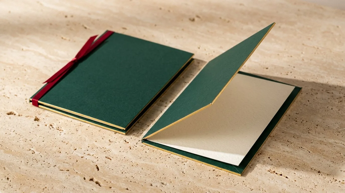 Custom Printed Greeting Cards, closed and open view in deep emerald green, bulk and wholesale with no minimum order