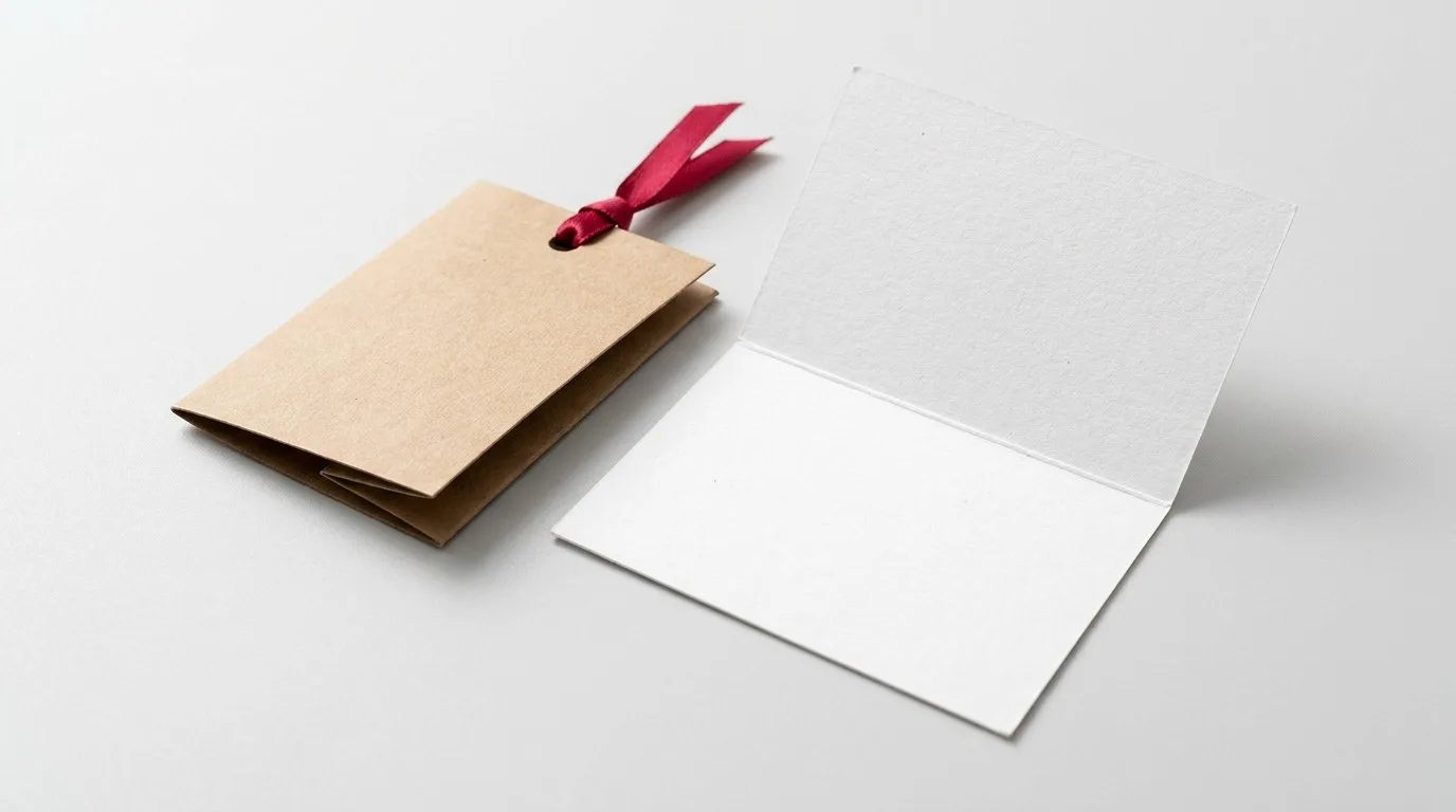 Custom Printed Hang Tags, closed and open view in natural kraft and white, bulk and wholesale with no minimum order