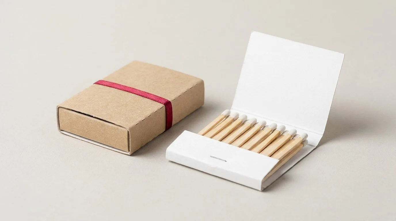 Custom Printed Matchboxes and Matchbooks, closed and open view in natural kraft and white, bulk and wholesale with no minimum order