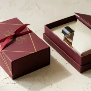 Custom Printed Perfume Boxes, closed and open view in oxblood burgundy, bulk and wholesale with no minimum order