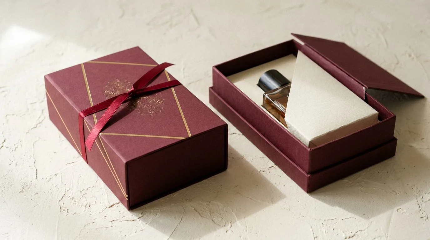 Custom Printed Perfume Boxes, closed and open view in oxblood burgundy, bulk and wholesale with no minimum order