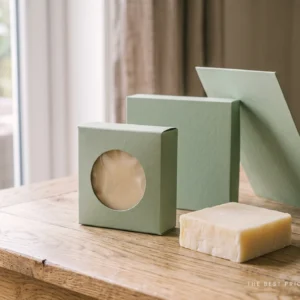 Custom printed soap box in soft sage with a round die cut window showing the soap inside, shown with the lid and an unwrapped soap bar beside it.