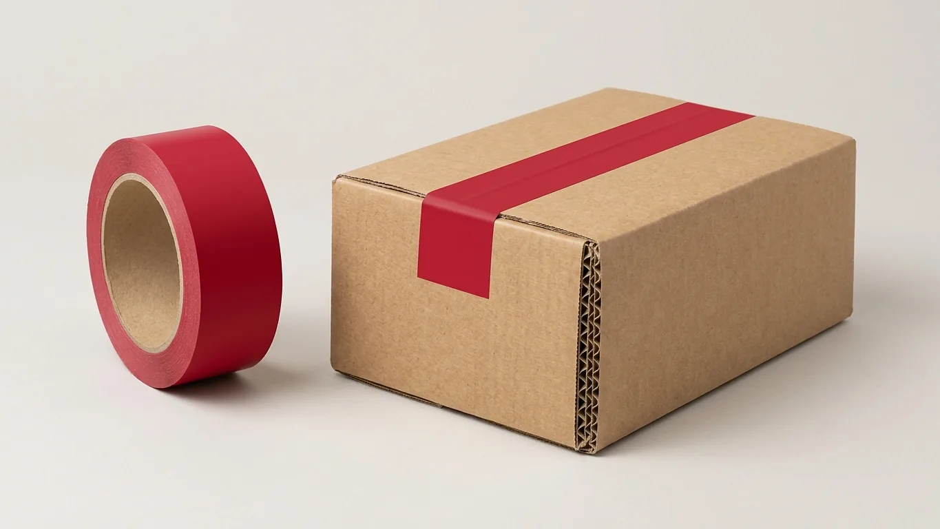 A roll of crimson packing tape beside a kraft corrugated box sealed along its center seam.