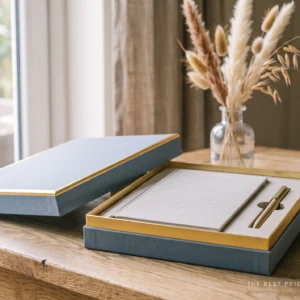 Custom promotion gift box in dusty blue with a gold foil rim, lid leaning behind, showing a notebook and a pen held in a fitted board insert.
