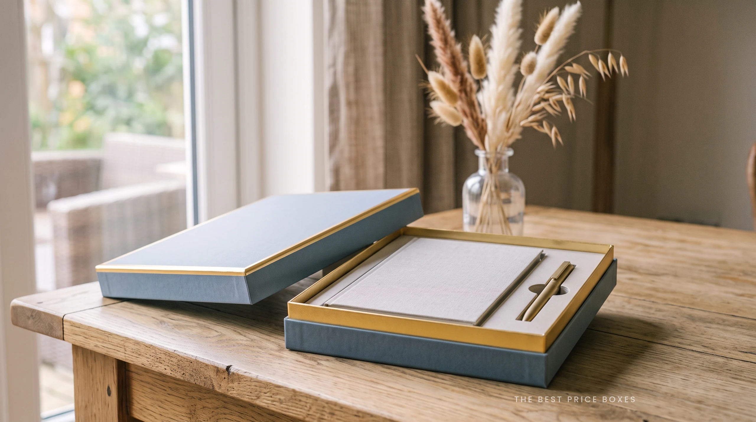 Custom promotion gift box in dusty blue with a gold foil rim, lid leaning behind, showing a notebook and a pen held in a fitted board insert.