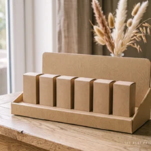 Custom promotion packaging in kraft, a counter display tray with a raised back panel holding six printed cartons upright in a row.