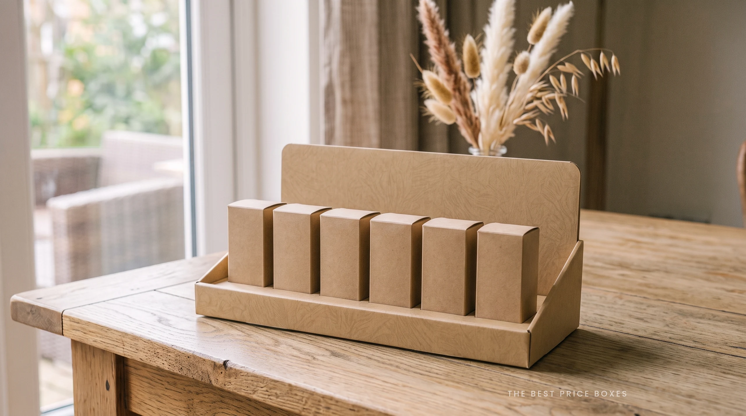 Custom promotion packaging in kraft, a counter display tray with a raised back panel holding six printed cartons upright in a row.