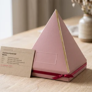 Custom pyramid box in dusty rose with a gold edge line and tuck base, next to a kraft spec card listing board, print and shipping options.