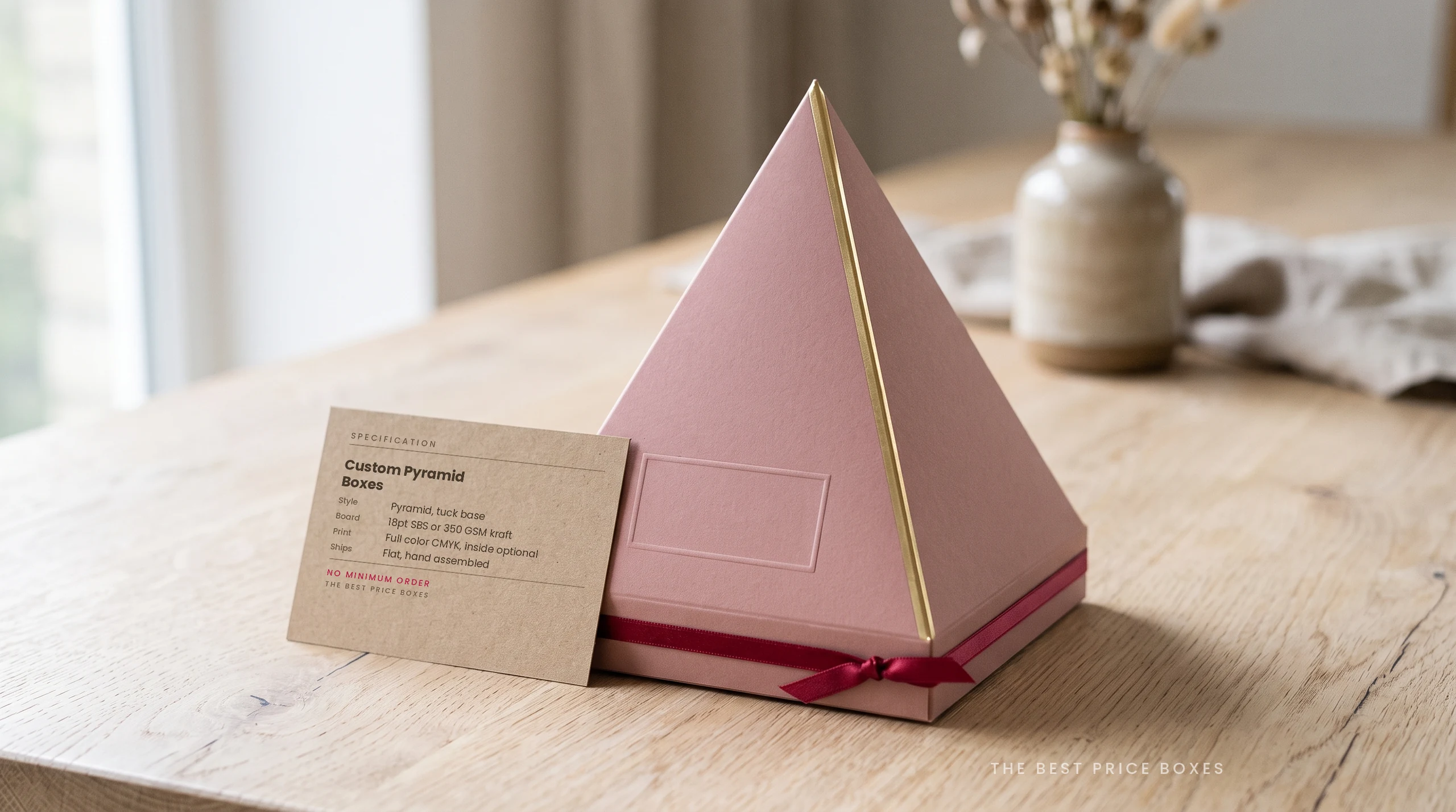 Custom pyramid box in dusty rose with a gold edge line and tuck base, next to a kraft spec card listing board, print and shipping options.