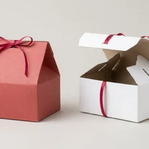 Custom Red Gable Boxes, closed and open view in natural kraft and white, bulk and wholesale with no minimum order