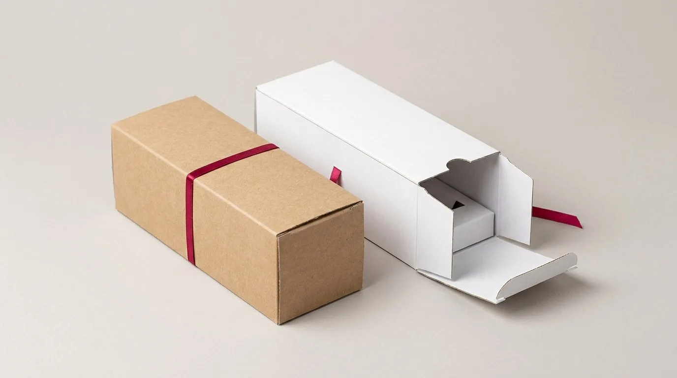 Custom Reed Diffuser Boxes, closed and open view in natural kraft and white, bulk and wholesale with no minimum order