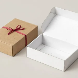Custom Retail Display Boxes, closed and open view in natural kraft and white, bulk and wholesale with no minimum order