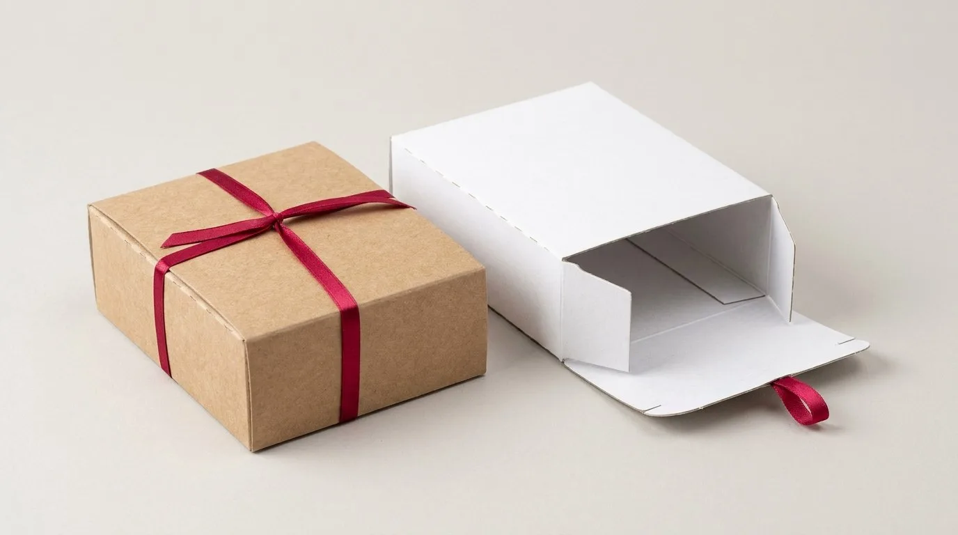 Custom Reverse Tuck end boxes, closed and open view in natural kraft and white, bulk and wholesale with no minimum order