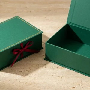 Custom Rigid Boxes, closed and open view in deep emerald green, bulk and wholesale with no minimum order