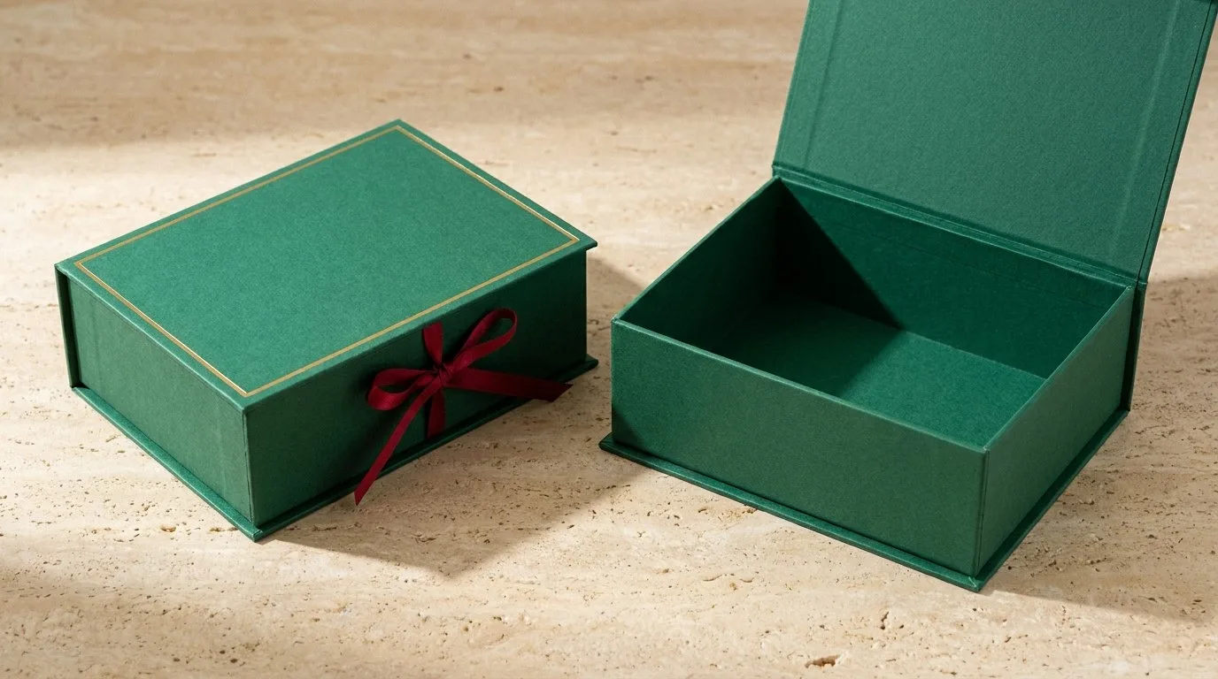 Custom Rigid Boxes, closed and open view in deep emerald green, bulk and wholesale with no minimum order