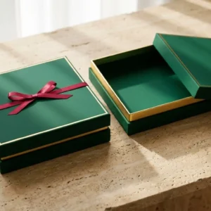 Custom Rigid Invitation Boxes, closed and open view in deep emerald green, bulk and wholesale with no minimum order
