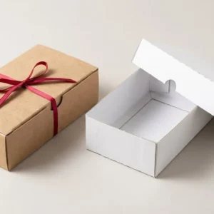 Custom Rigid Kraft Boxes, closed and open view in natural kraft and white, bulk and wholesale with no minimum order
