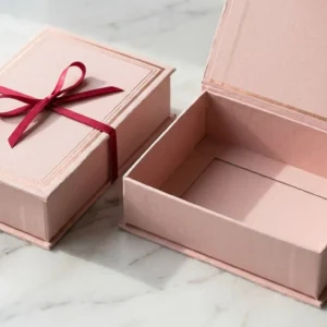 Custom Rigid Paper Boxes, closed and open view in soft blush pink, bulk and wholesale with no minimum order