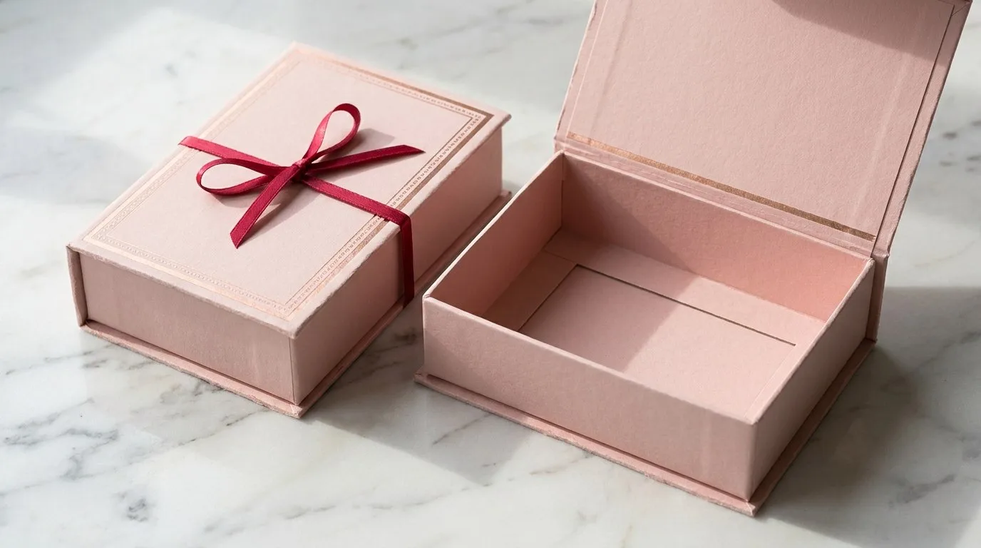 Custom Rigid Paper Boxes, closed and open view in soft blush pink, bulk and wholesale with no minimum order