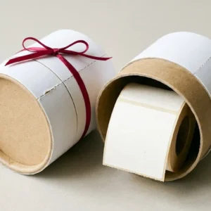 Custom Roll Labels, closed and open view in natural kraft and white, bulk and wholesale with no minimum order