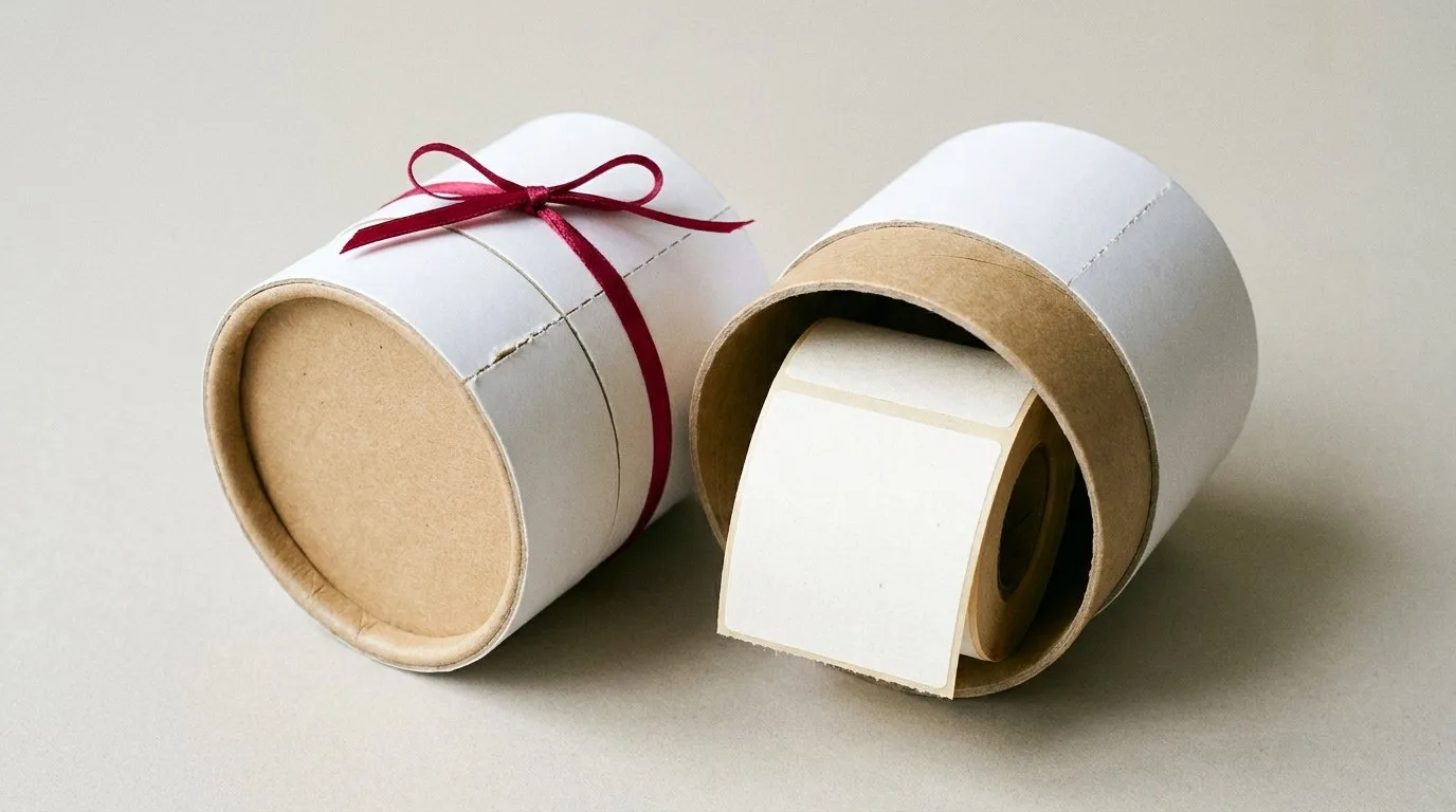 Custom Roll Labels, closed and open view in natural kraft and white, bulk and wholesale with no minimum order