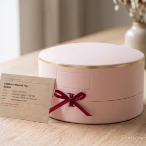 Custom round top box in blush pink with a gold band and lift off domed lid, next to a kraft spec card listing board, print and shipping options.