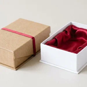 Custom Satin Lined Boxes, closed and open view in natural kraft and white, bulk and wholesale with no minimum order