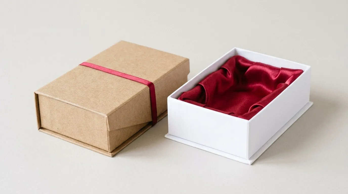 Custom Satin Lined Boxes, closed and open view in natural kraft and white, bulk and wholesale with no minimum order