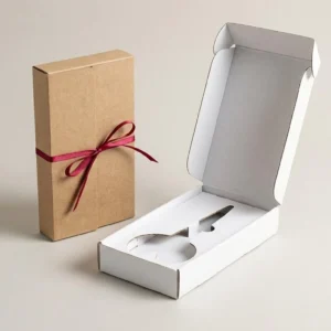 Custom Scissors Boxes, closed and open view in natural kraft and white, bulk and wholesale with no minimum order