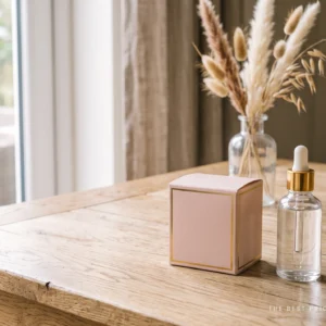 Custom serum box in blush pink with a gold foil border, standing beside the glass dropper bottle it holds.