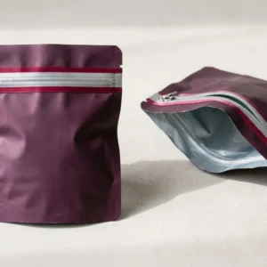 Custom Shaped Mylar Bags, closed and open view in deep plum, bulk and wholesale with no minimum order