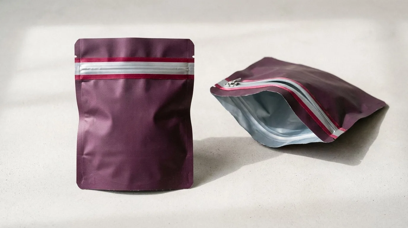 Custom Shaped Mylar Bags, closed and open view in deep plum, bulk and wholesale with no minimum order