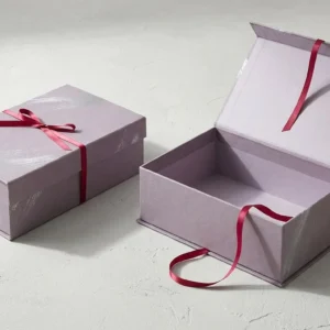 Custom Shoe Box Packaging, closed and open view in dusty lavender, bulk and wholesale with no minimum order