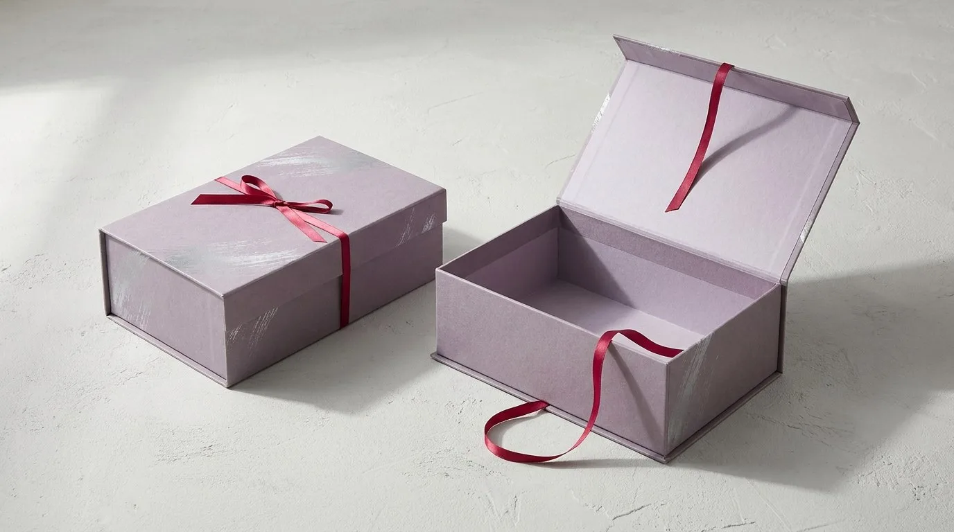 Custom Shoe Box Packaging, closed and open view in dusty lavender, bulk and wholesale with no minimum order