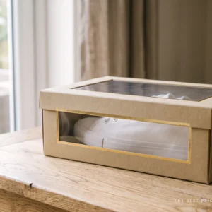 Custom shoe display box in kraft with gold foil borders and clear windows die cut into the lid and the front panel, showing a white sneaker inside.