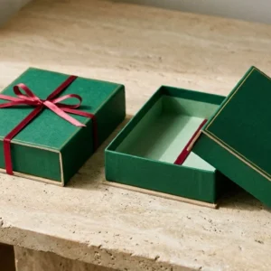 Custom Shoulder Neck Boxes, closed and open view in deep emerald green, bulk and wholesale with no minimum order