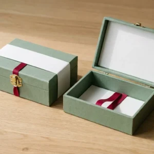 Custom Skin Health Product Boxes, closed and open view in sage green, bulk and wholesale with no minimum order