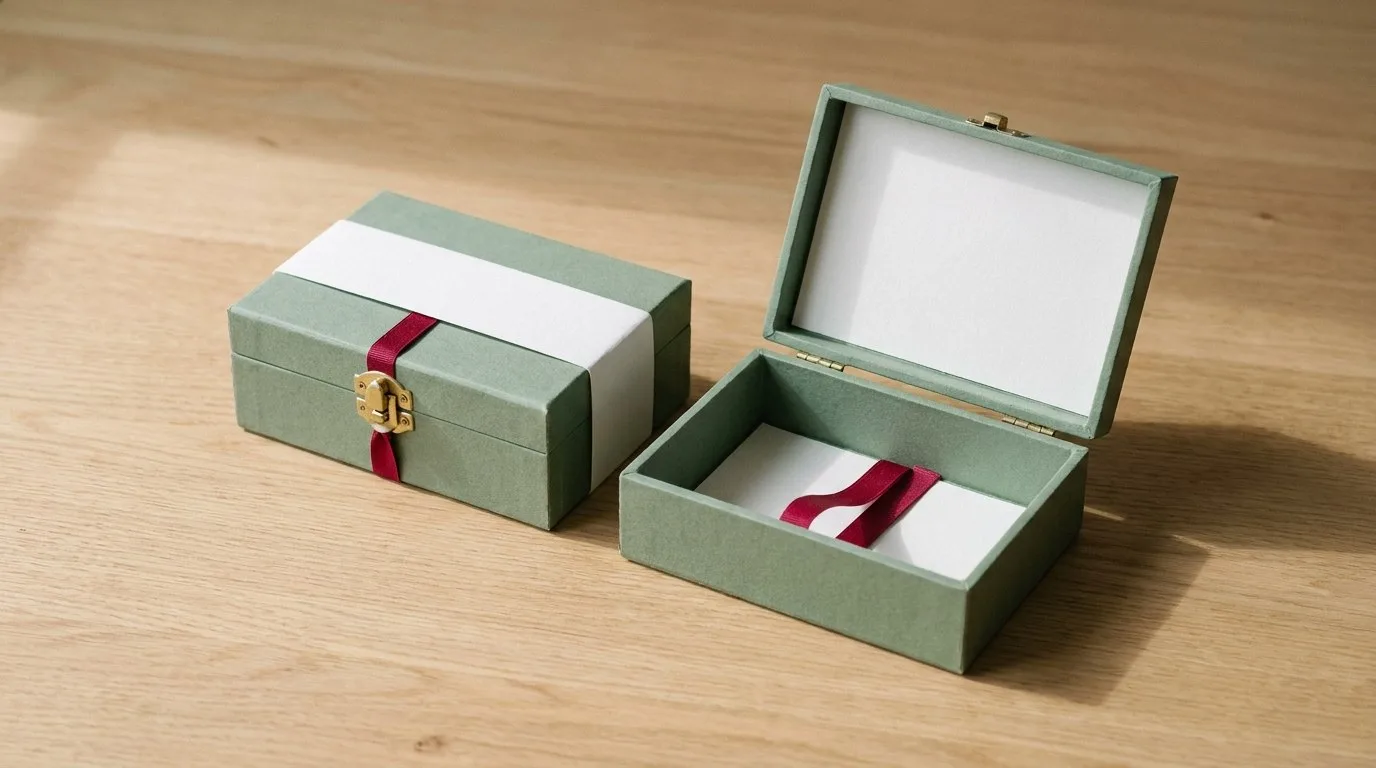 Custom Skin Health Product Boxes, closed and open view in sage green, bulk and wholesale with no minimum order