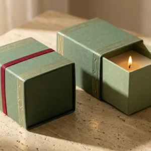 Custom Sleeve & Tray Candle Box, closed and open view in deep sage green, bulk and wholesale with no minimum order