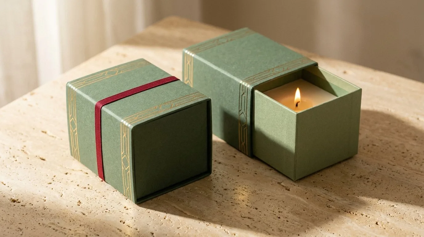 Custom Sleeve & Tray Candle Box, closed and open view in deep sage green, bulk and wholesale with no minimum order