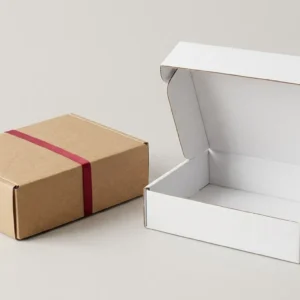 Custom Sleeved Mailer boxes, closed and open view in natural kraft and white, bulk and wholesale with no minimum order